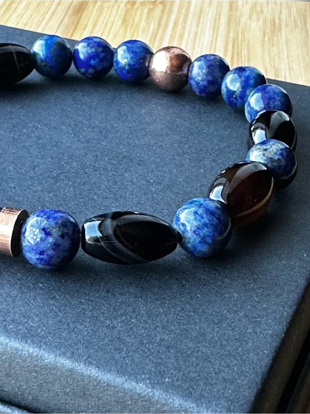 Hand Crafted Blue Lapis, Black Agate & Copper Men's Beaded Bracelet
